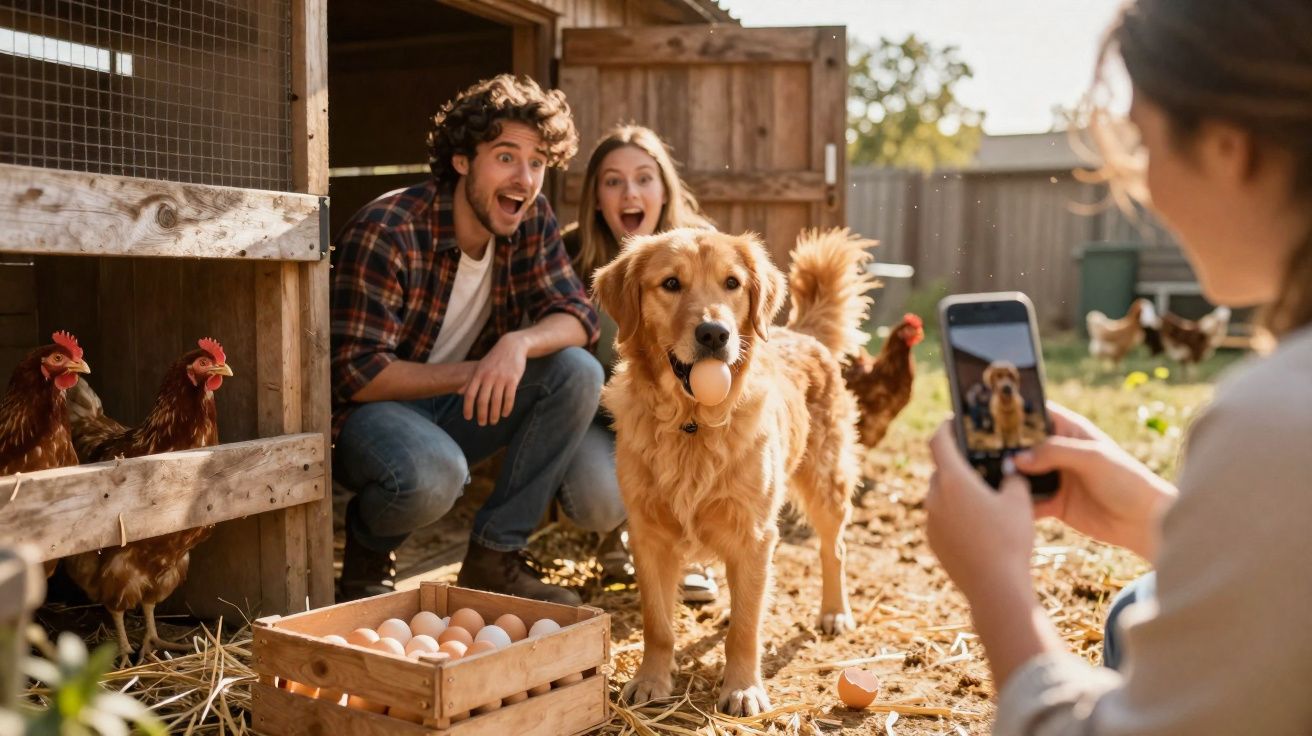 Chien tenant un œuf dans la bouche, hommes surpris et femme prenant une photo dans une ferme avec poules.