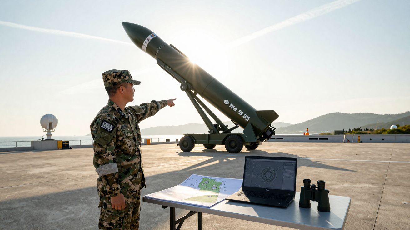 Militaire en tenue camouflage pointant un missile monté sur un support, avec une table équipée d'un ordinateur et jumelles.
