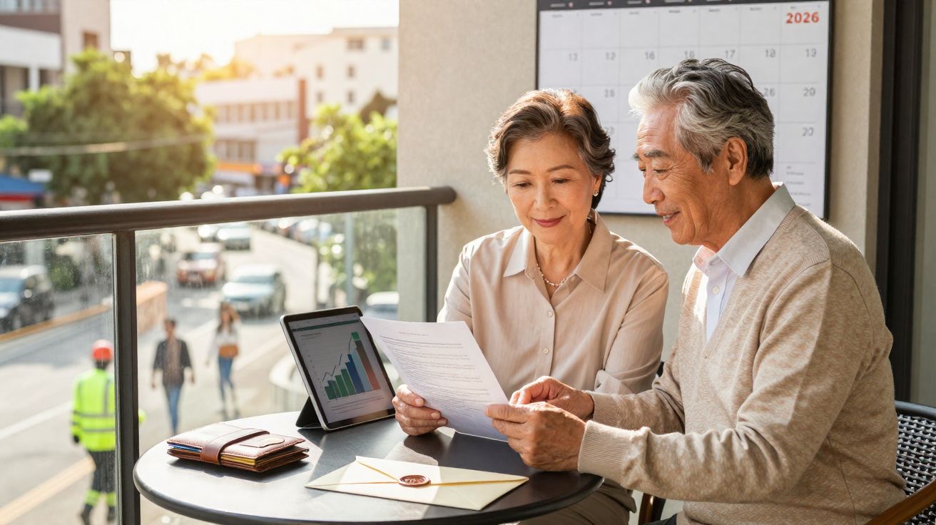 Couple senior asiatique examinant des documents financiers sur une terrasse avec graphiques et calendrier.