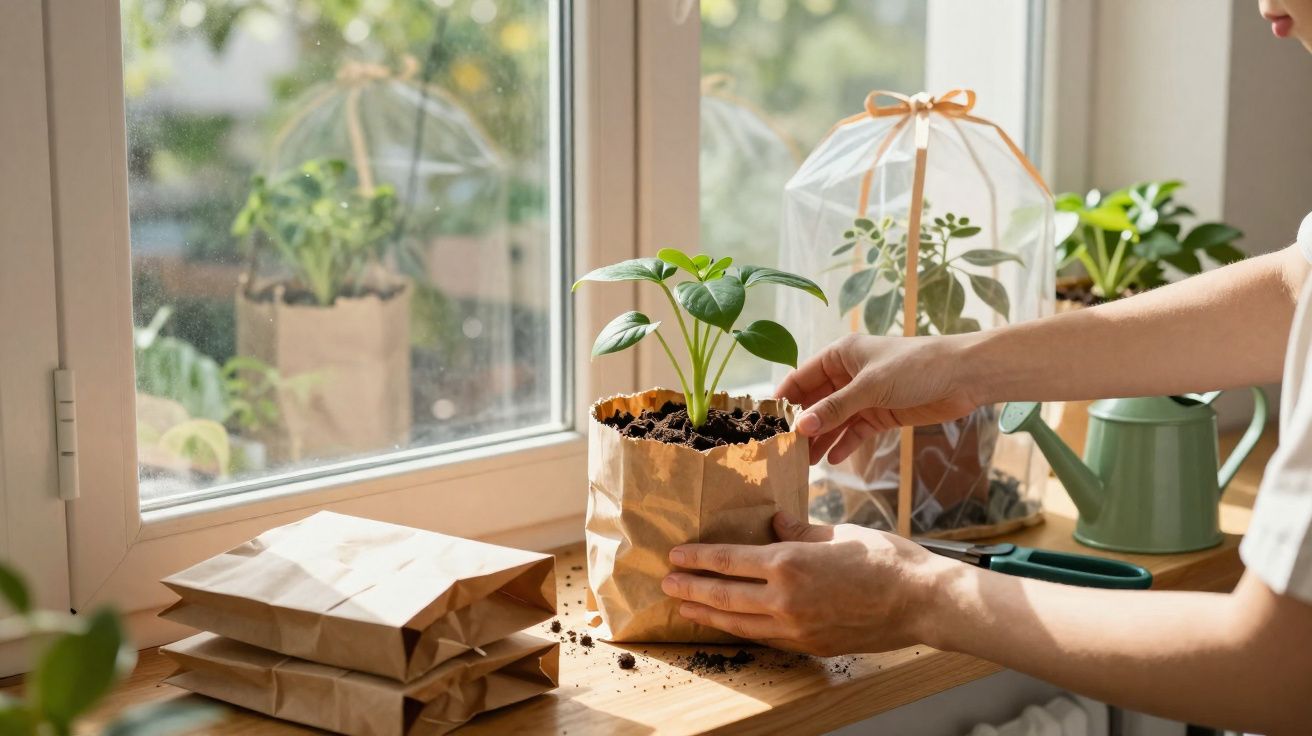 Main jardinant un jeune plant dans un sac en papier près d'une fenêtre avec d'autres plantes et un arrosoir vert.