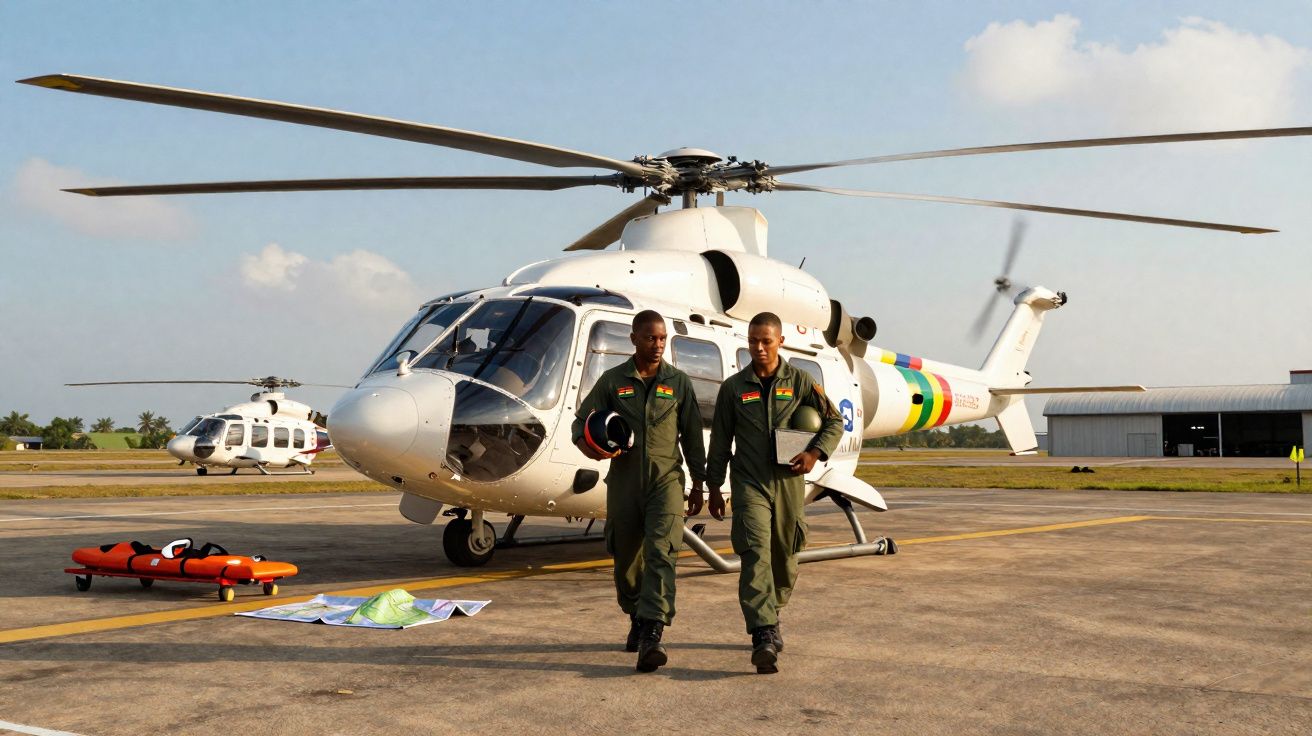 Deux pilotes en tenue verte marchent devant un hélicoptère blanc sur une piste d’aéroport.
