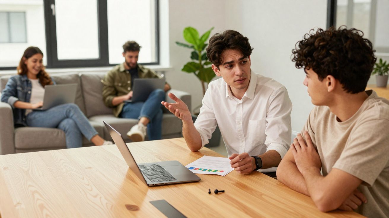 Deux jeunes hommes discutent sérieusement autour d'un ordinateur portable lors d'une réunion, deux autres travaillent en arri