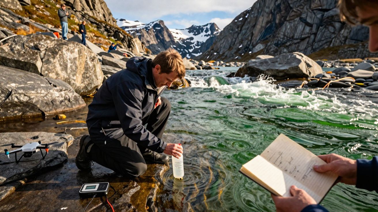 Chercheur prélevant un échantillon d'eau dans une rivière de montagne avec carnet de notes et drone à proximité.