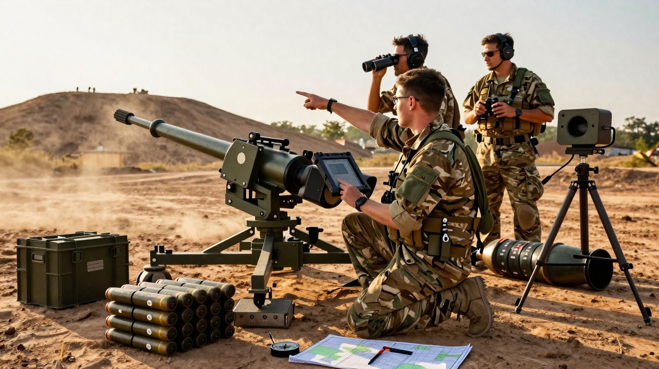 Soldats en uniforme camouflé utilisant un équipement militaire de tir et observation en terrain désertique.