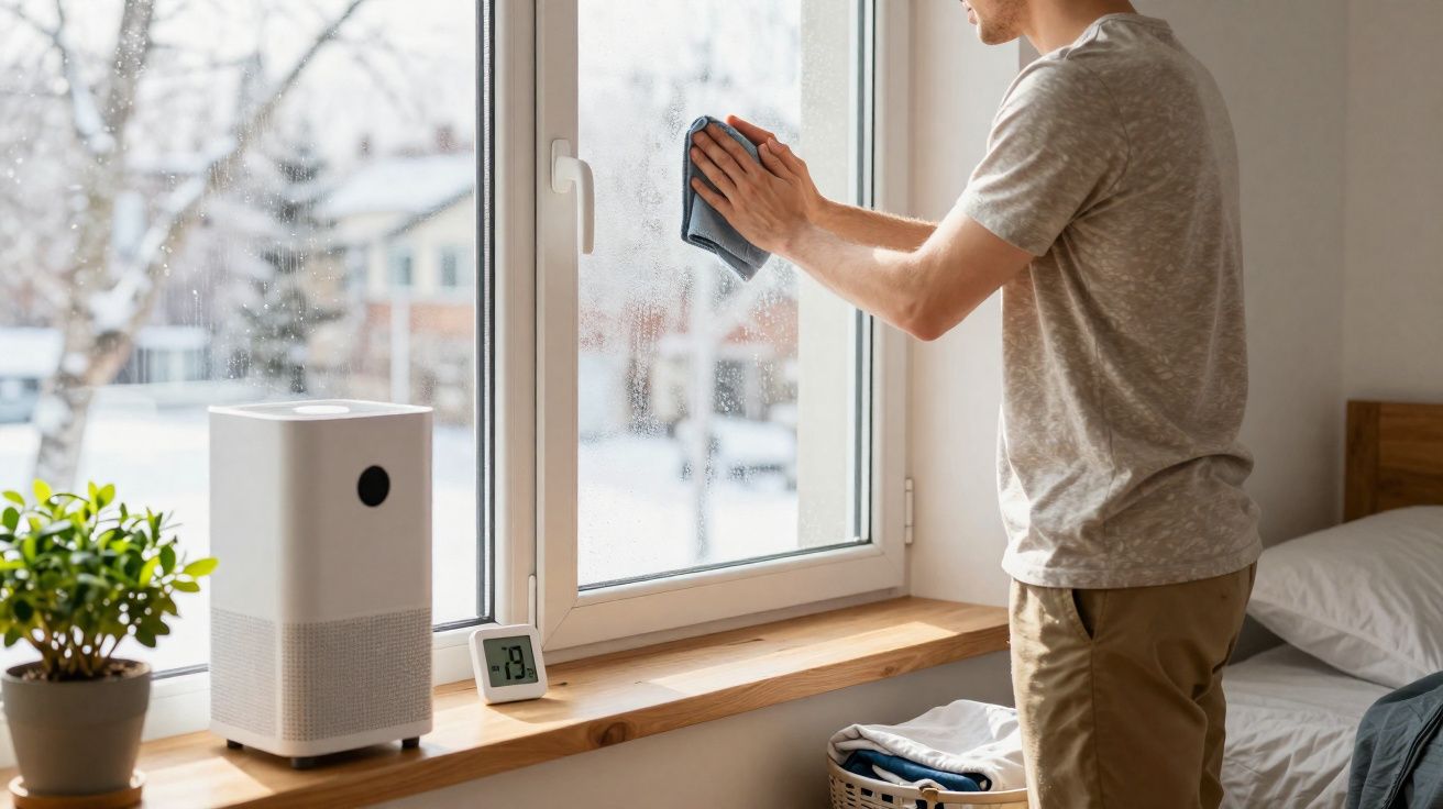 Homme nettoyant une fenêtre intérieure avec un chiffon dans une chambre lumineuse.