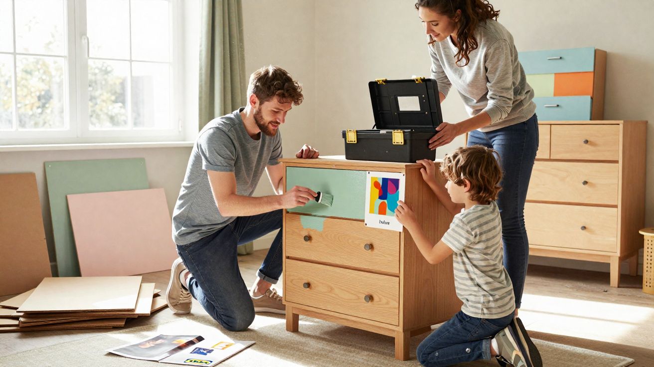 Famille peignant et assemblant ensemble un meuble en bois clair dans une pièce lumineuse.