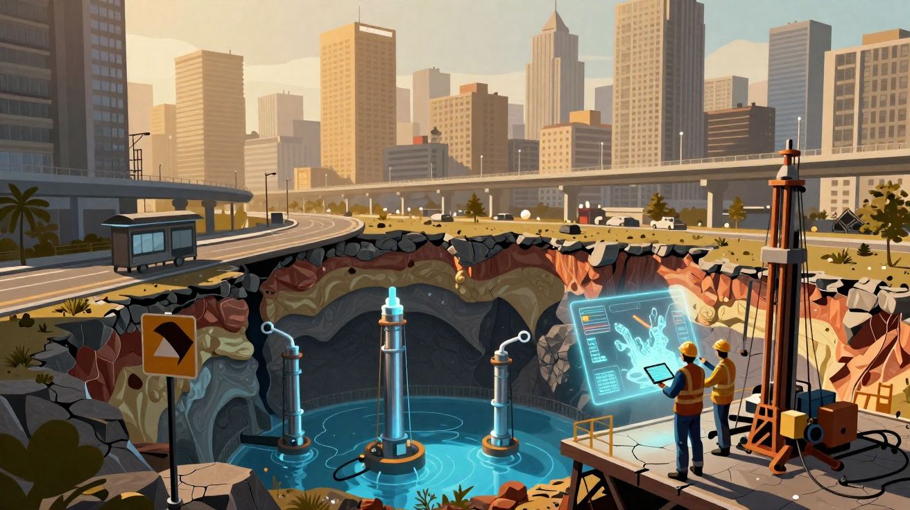 Deux techniciens analysent des données holographiques sur un chantier géotechnique urbain au lever du soleil.