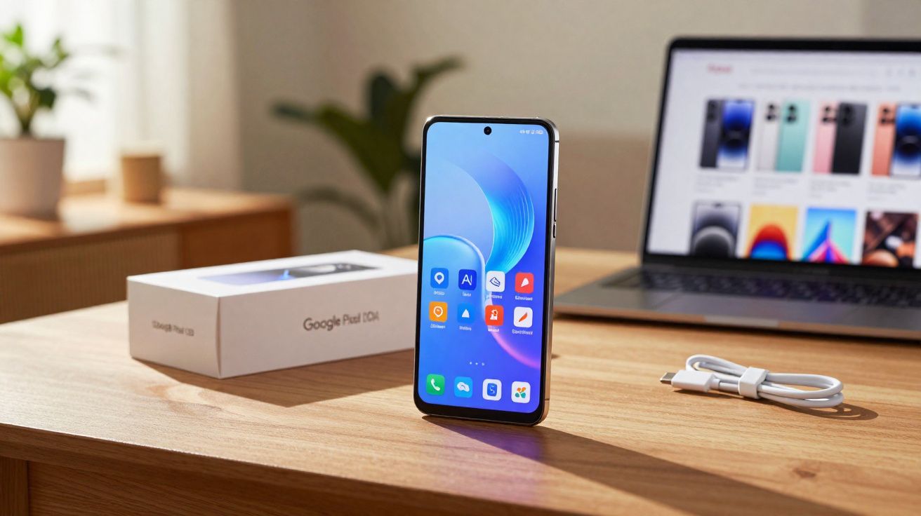 Smartphone Google Pixel 7a debout sur table en bois avec boîte et câble USB à côté, ordinateur portable en arrière-plan.