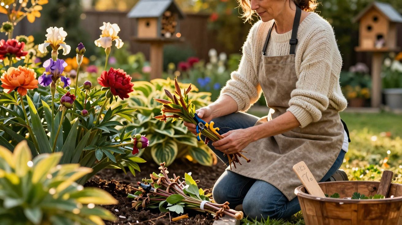 Femme en tablier coupant des fleurs dans un jardin fleuri en plein soleil, pliée à genoux.