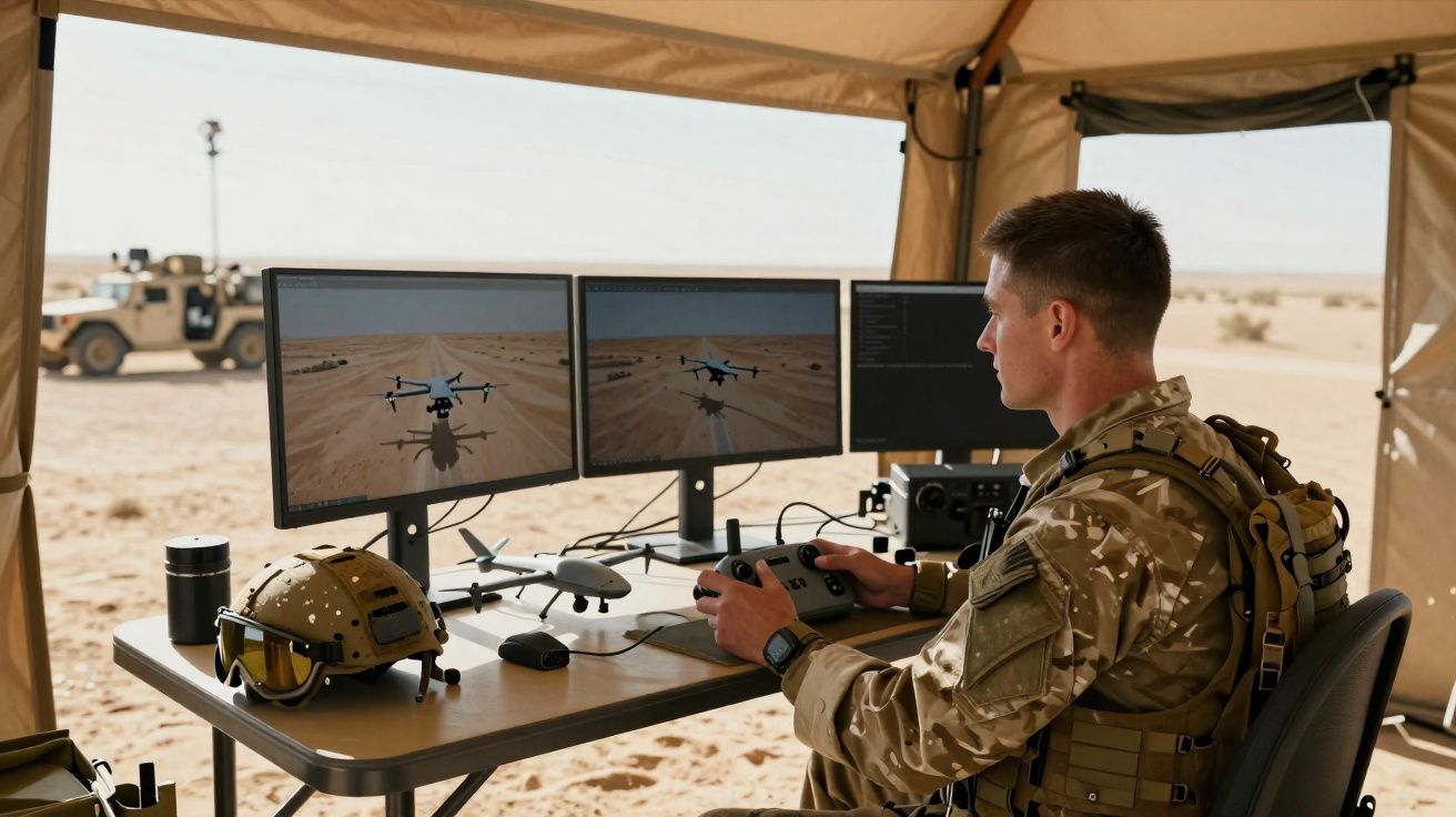 Militaire en tenue camouflée contrôle un drone via deux écrans dans une tente au désert.