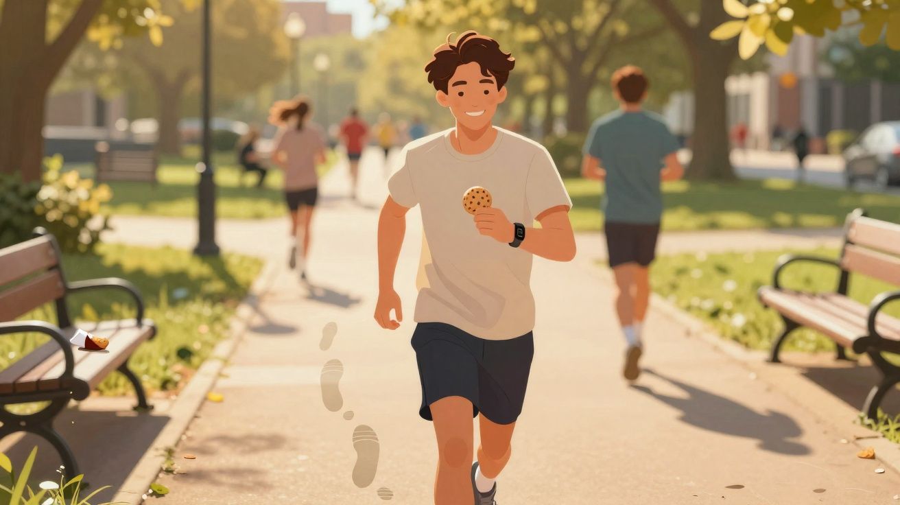 Jeune homme courant dans un parc en dégustant un cookie, avec d'autres joggeurs en arrière-plan.