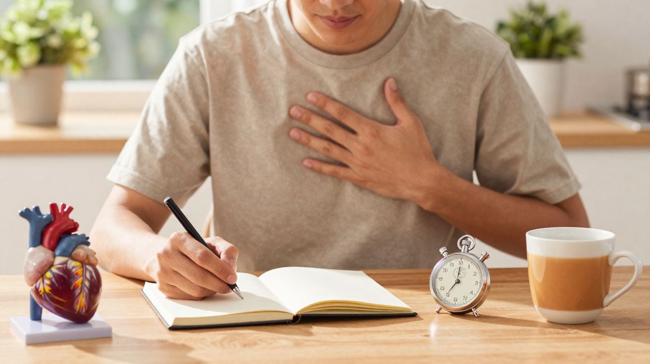 Personne touchant sa poitrine, écrivant dans un cahier avec un modèle de cœur et un chronomètre sur la table.