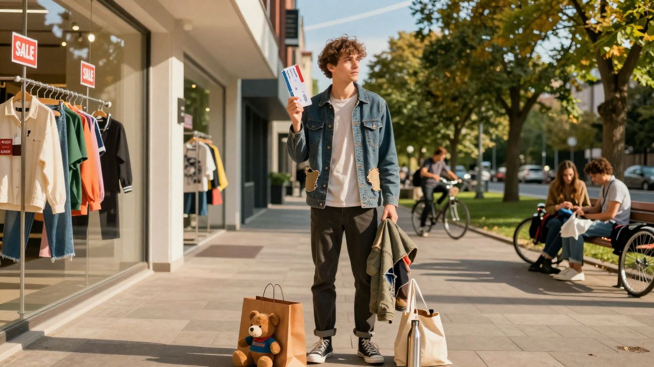 Jeune homme debout près d’un magasin en solde, tenant un courrier avec des sacs et un nounours au sol.