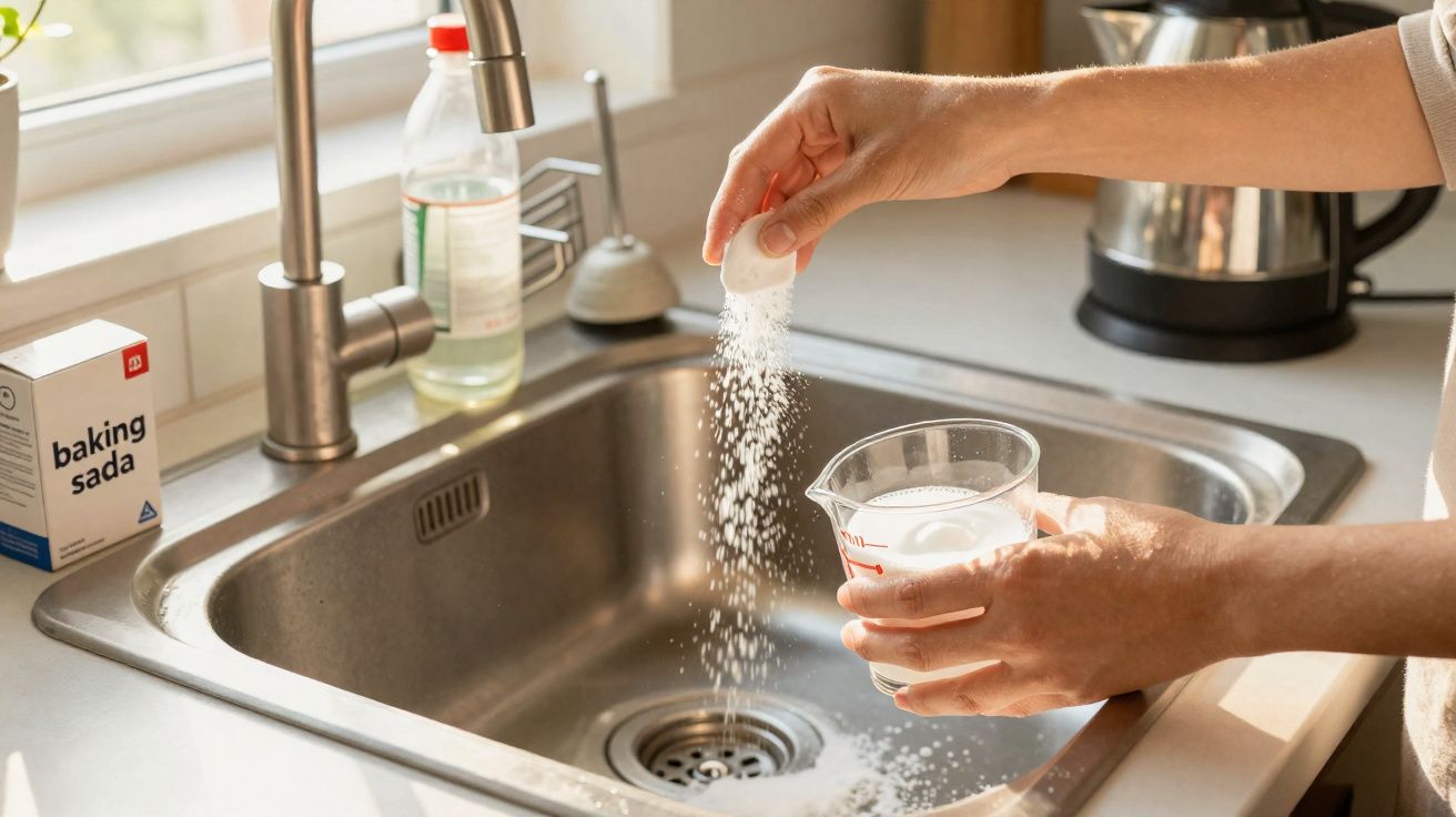 Une personne verse du bicarbonate de soude dans un évier à côté d'un verre d'eau.