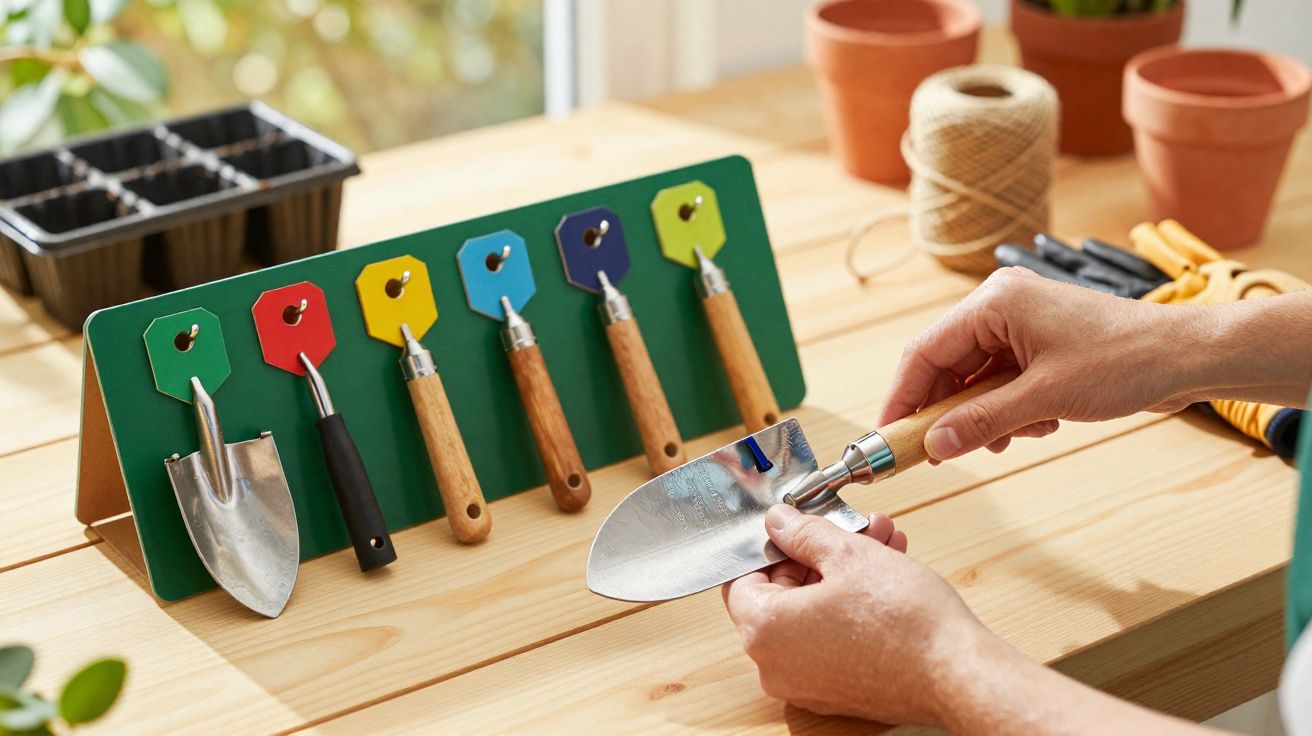 Outils de jardinage manuels avec manches en bois accrochés à un support vert sur une table en bois.