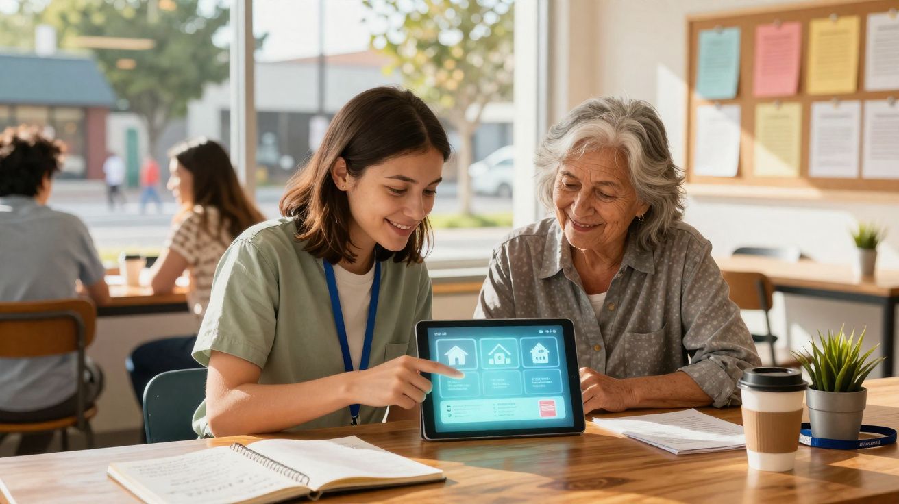 Jeune femme montre une tablette à une personne âgée dans une salle de réunion lumineuse.