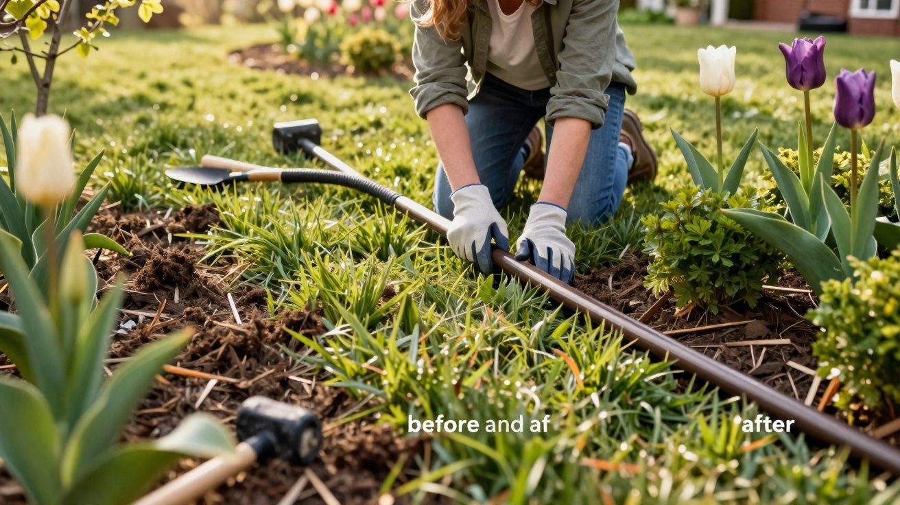 Personne en gants plantant des fleurs dans un jardin entouré de tulipes blanches et violettes.