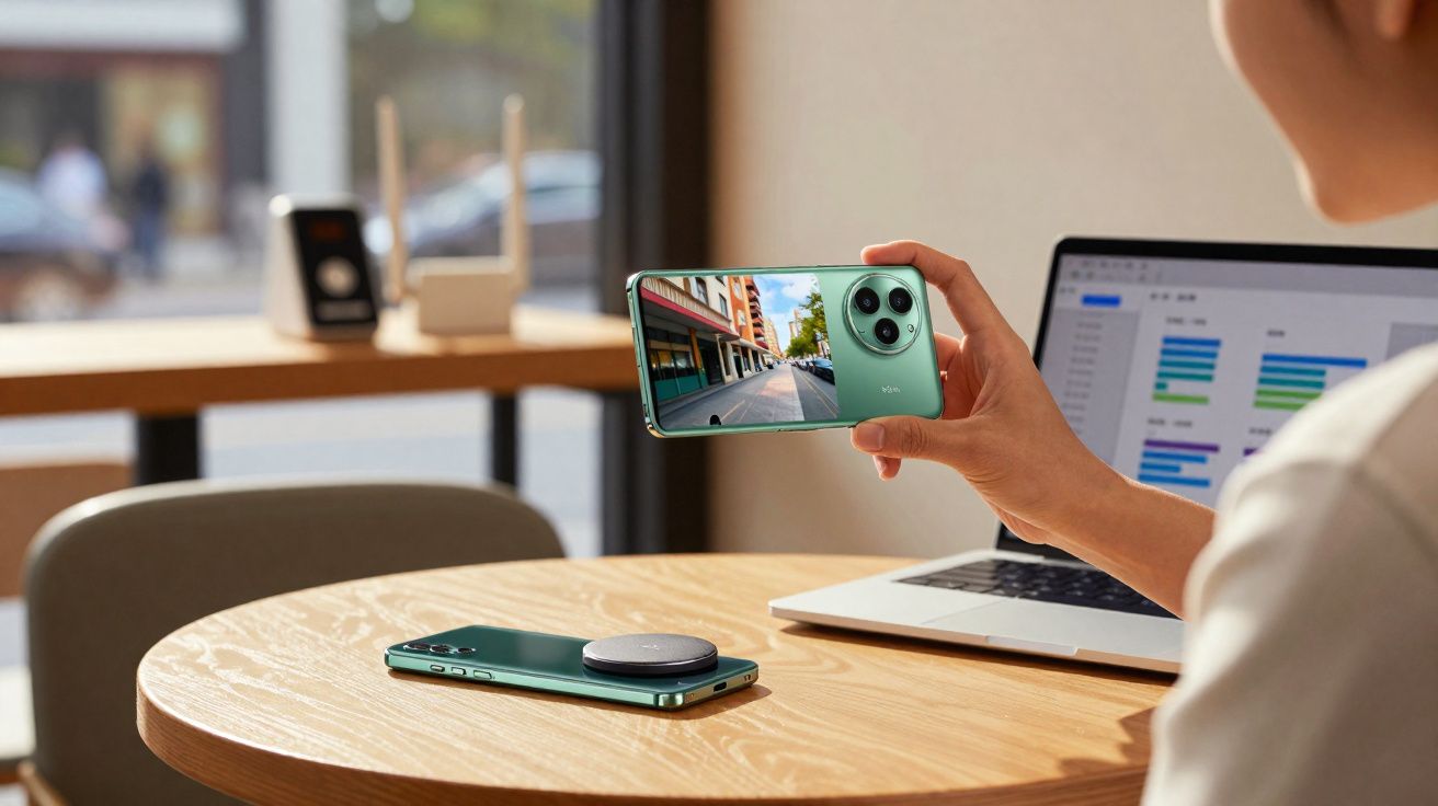 Personne tenant un smartphone vert affichant une rue, avec un autre téléphone et un ordinateur portable sur une table en bois