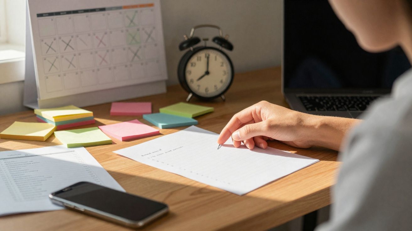Une personne prend des notes sur une feuille avec un calendrier, un réveil et un téléphone sur le bureau.