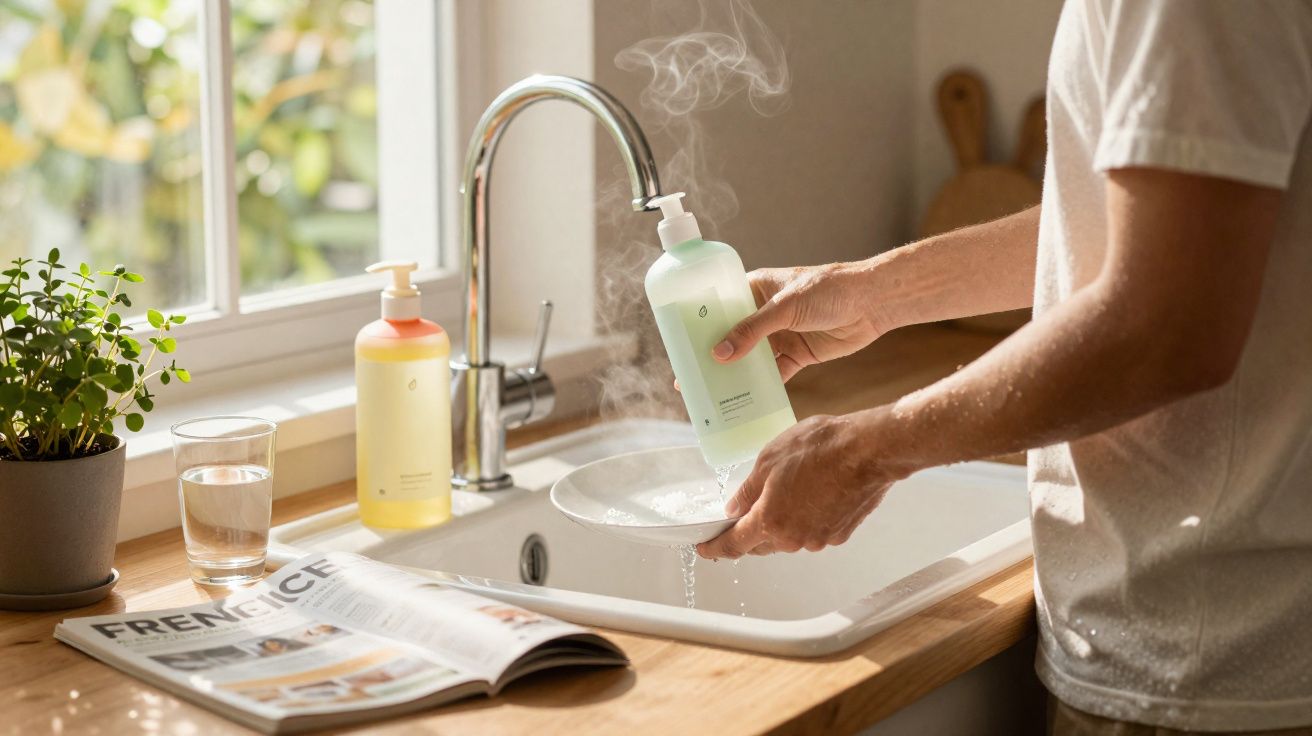 Personne lavant une assiette chaude au liquide vaisselle près d'une fenêtre lumineuse et d'un journal.