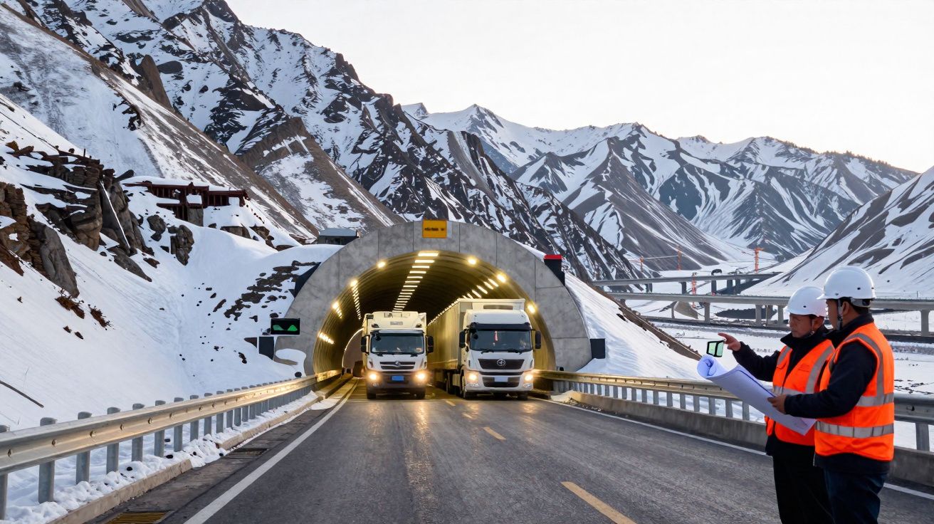 Deux camions sortent d'un tunnel en montagne enneigée, deux ouvriers en gilet orange observent.