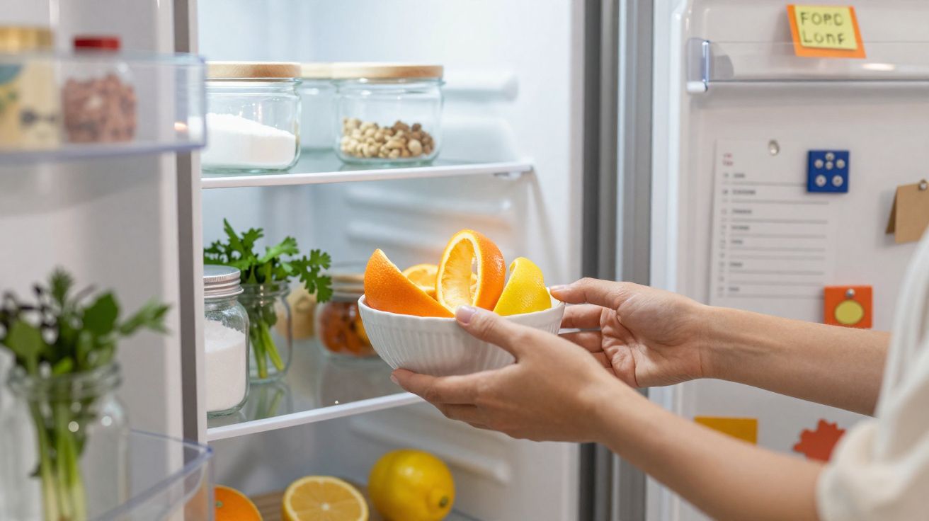 Personne range un bol avec des quartiers d’orange dans un réfrigérateur rempli d’aliments frais.