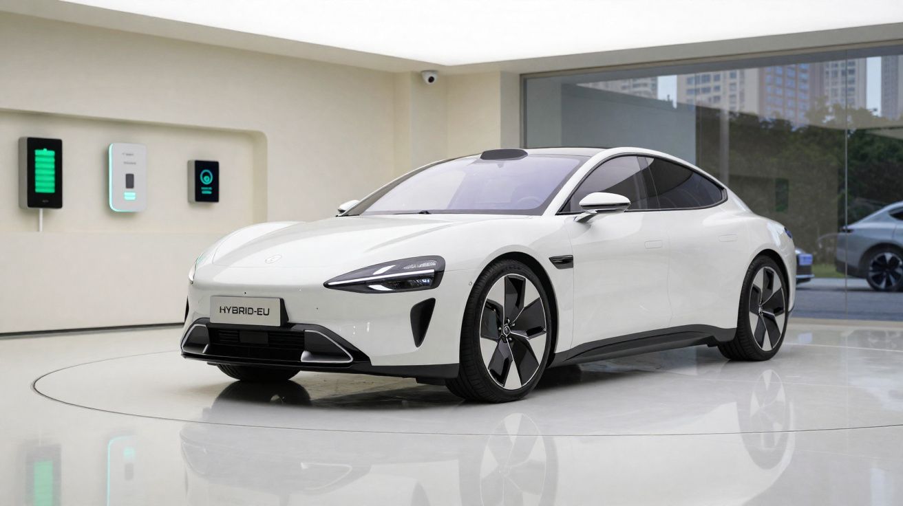 Voiture hybride blanche élégante exposée dans un showroom moderne avec bornes de recharge au mur.