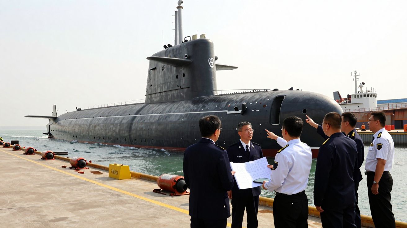 Un groupe d'hommes en uniforme discute près d'un grand sous-marin noir amarré à un quai.