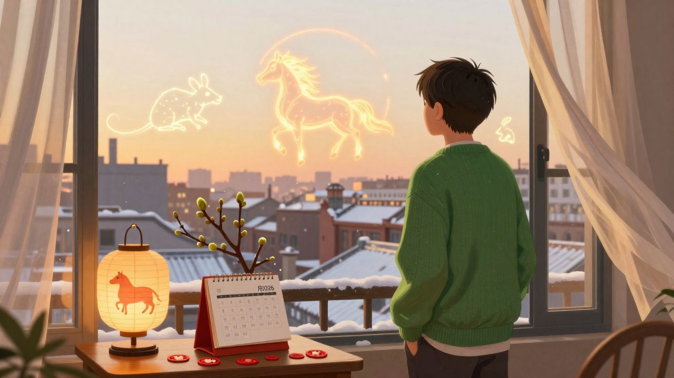 Un garçon regarde par la fenêtre des animaux lumineux flottant dans le ciel au coucher du soleil.