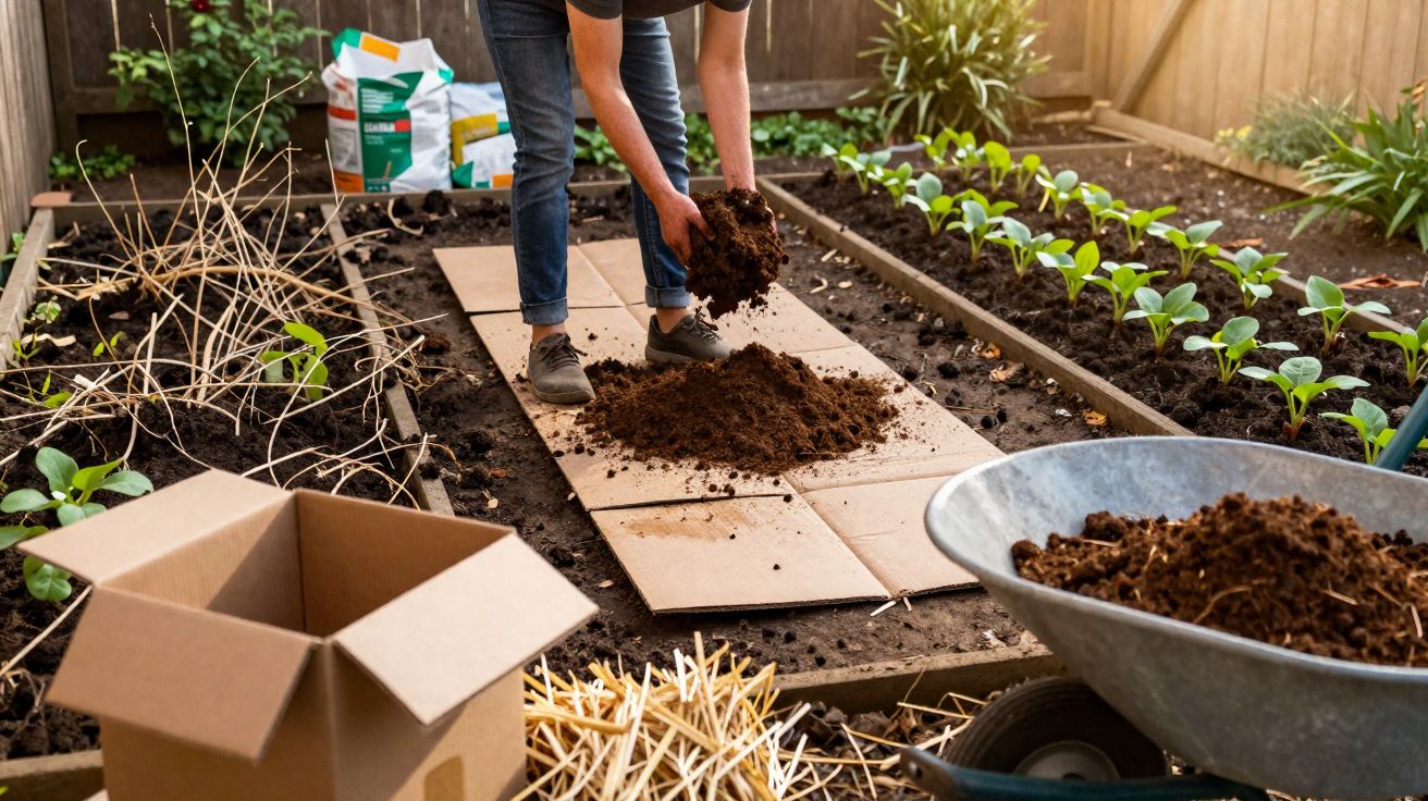 Personne travaillant dans un potager, étalant de la terre sur des cartons pour créer un chemin.