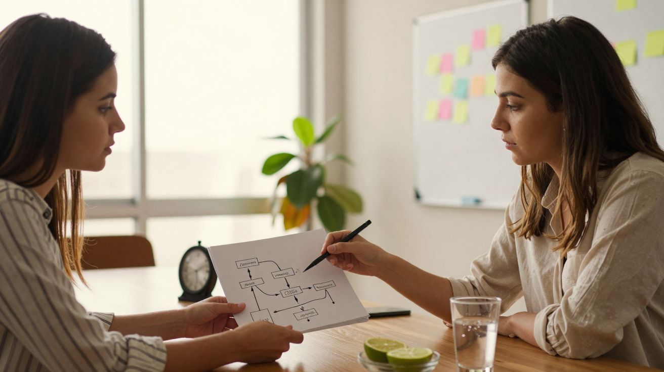 Deux femmes discutent d'un diagramme sur une feuille dans un bureau lumineux avec tableau et plantes.