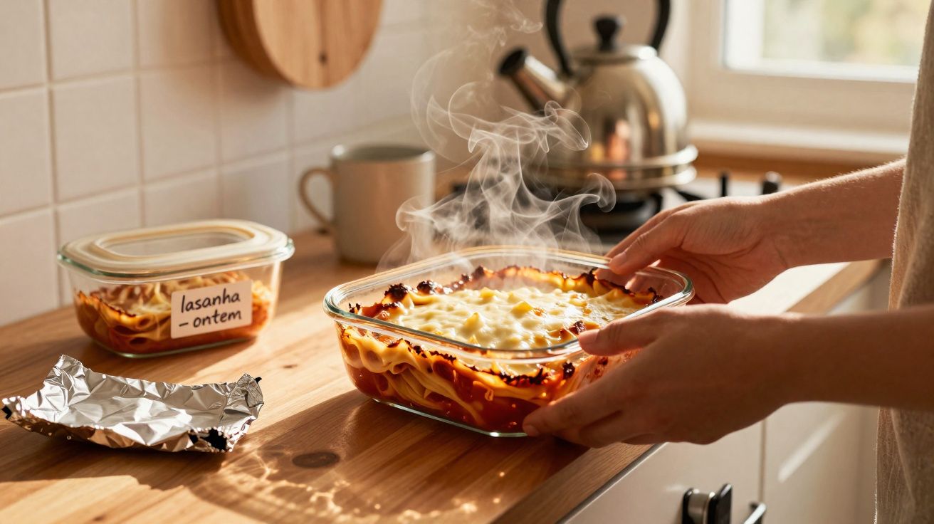 Plat en verre de lasagnes fumantes fraîchement sorties du four sur un plan de travail en bois.