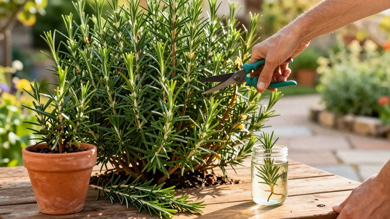 Main taillant un brin de romarin vert avec un sécateur près d’un pot en terre cuite sur une table en bois.