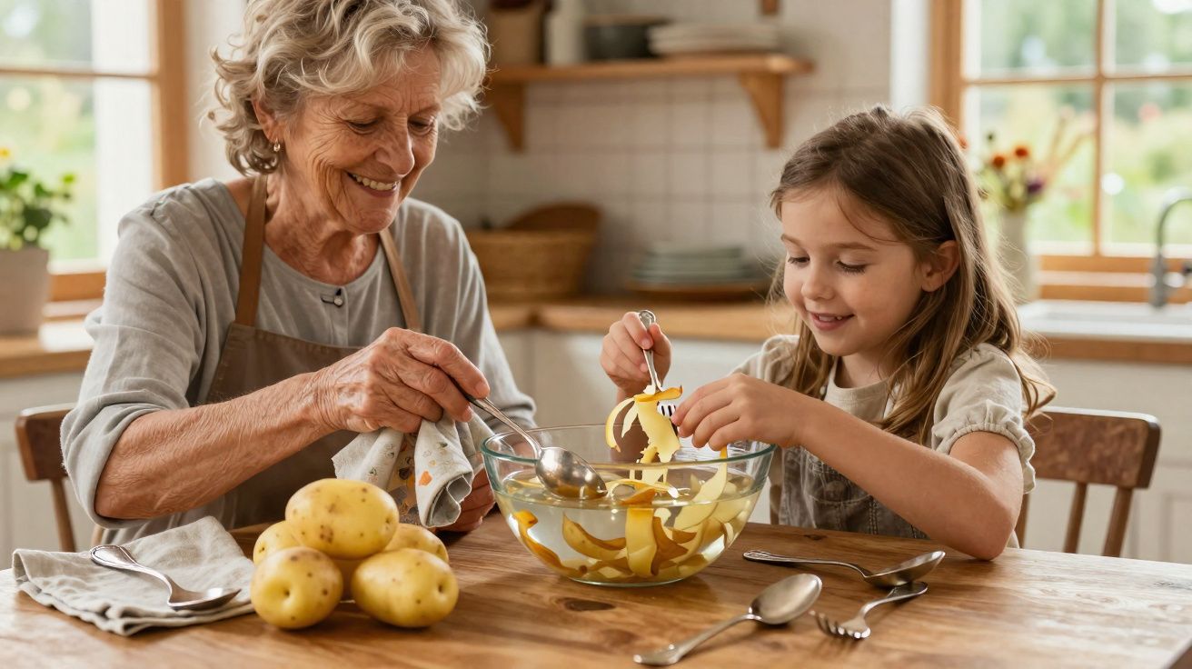 Une grand-mère et sa petite-fille épluchent des pommes de terre ensemble dans une cuisine chaleureuse.