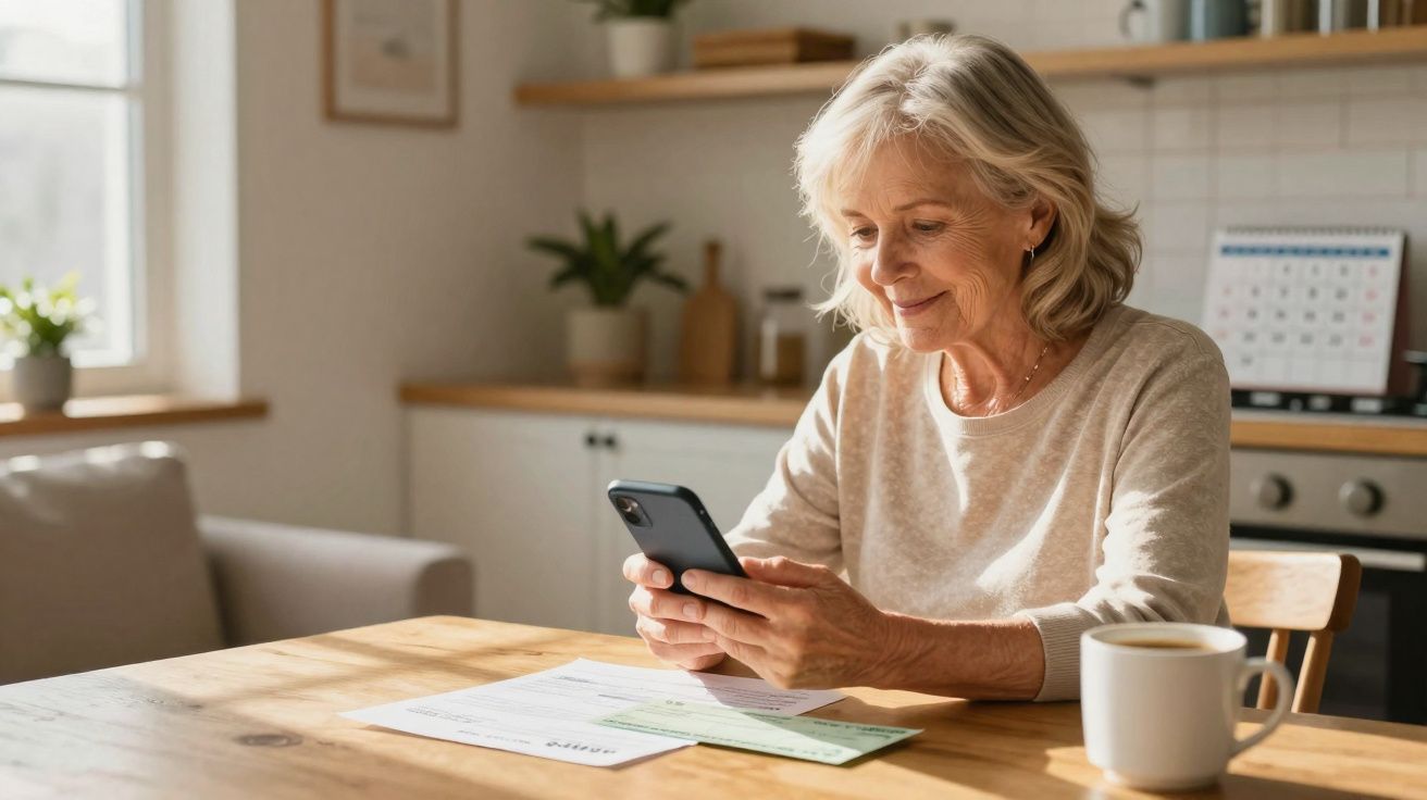 Femme âgée souriante utilisant un smartphone à une table avec des documents et une tasse de café.