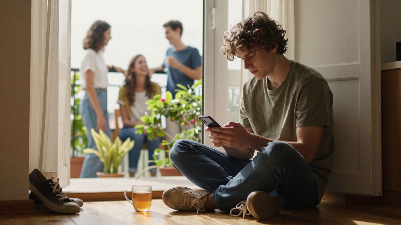 Un jeune homme assis par terre regarde son téléphone, quatre amis discutent sur un balcon en arrière-plan.