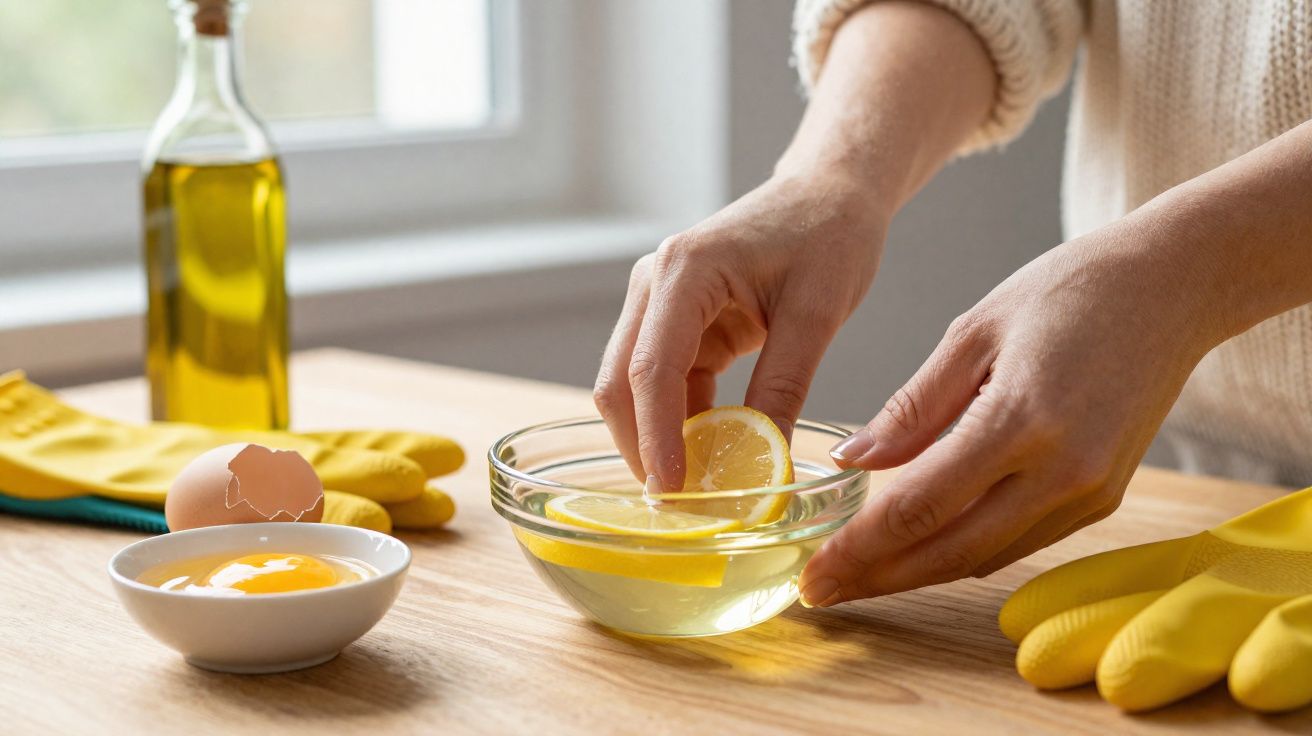 Mains pressant un quartier de citron dans un bol d'eau, près de jaune d'œuf et gants en caoutchouc jaunes.