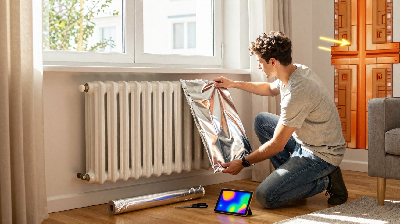 Homme installant un film réfléchissant sur un radiateur blanc près d'une fenêtre dans un salon lumineux.