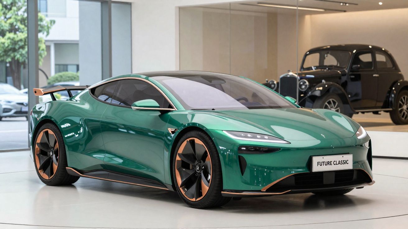 Voiture de sport électrique verte brillante exposée en intérieur, modèle moderne avec jantes noires et cuivre.