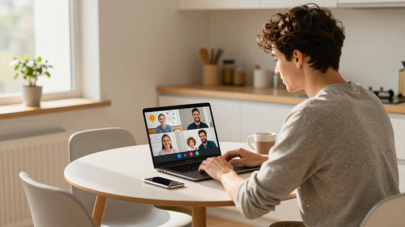 Jeune homme en visioconférence sur un ordinateur portable à une table ronde dans une cuisine lumineuse.