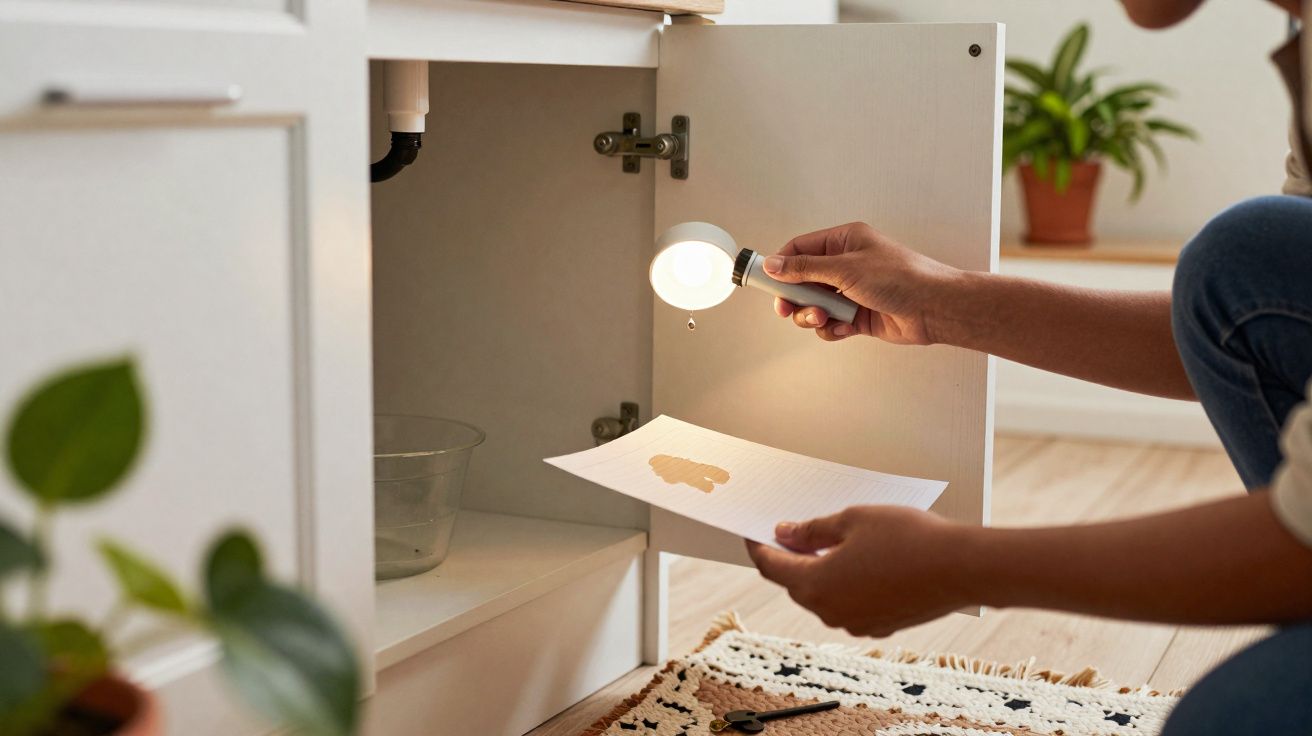 Personne inspectant une fuite d'eau sous l'évier avec une lampe de poche et une feuille absorbante.