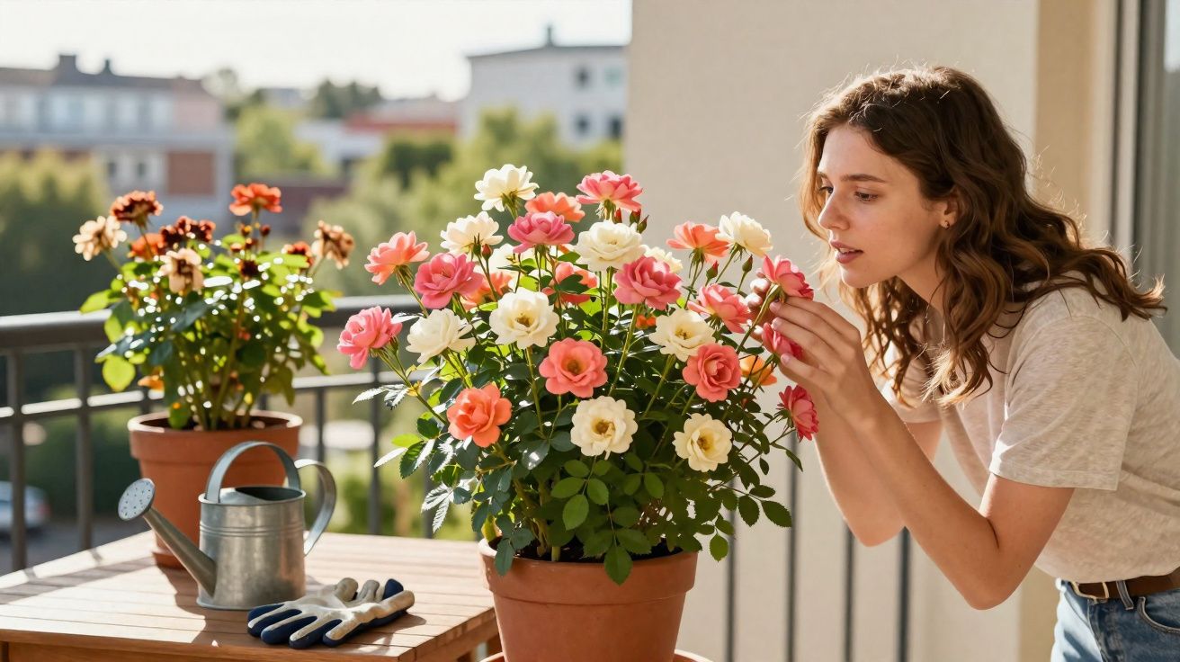 Femme observant des fleurs roses et blanches en pot sur un balcon ensoleillé avec un arrosoir et des gants.