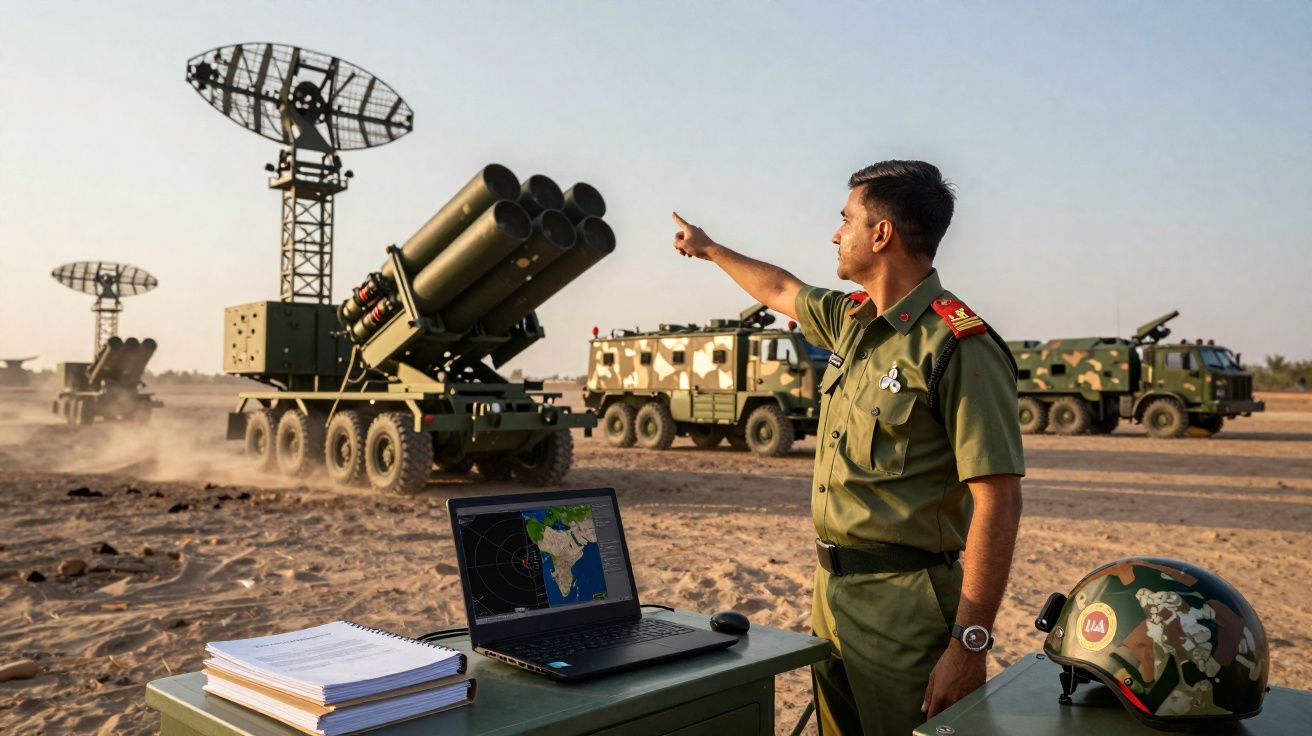 Militaire en uniforme donnant des instructions près de véhicules militaires avec radars et lance-roquettes en désert.
