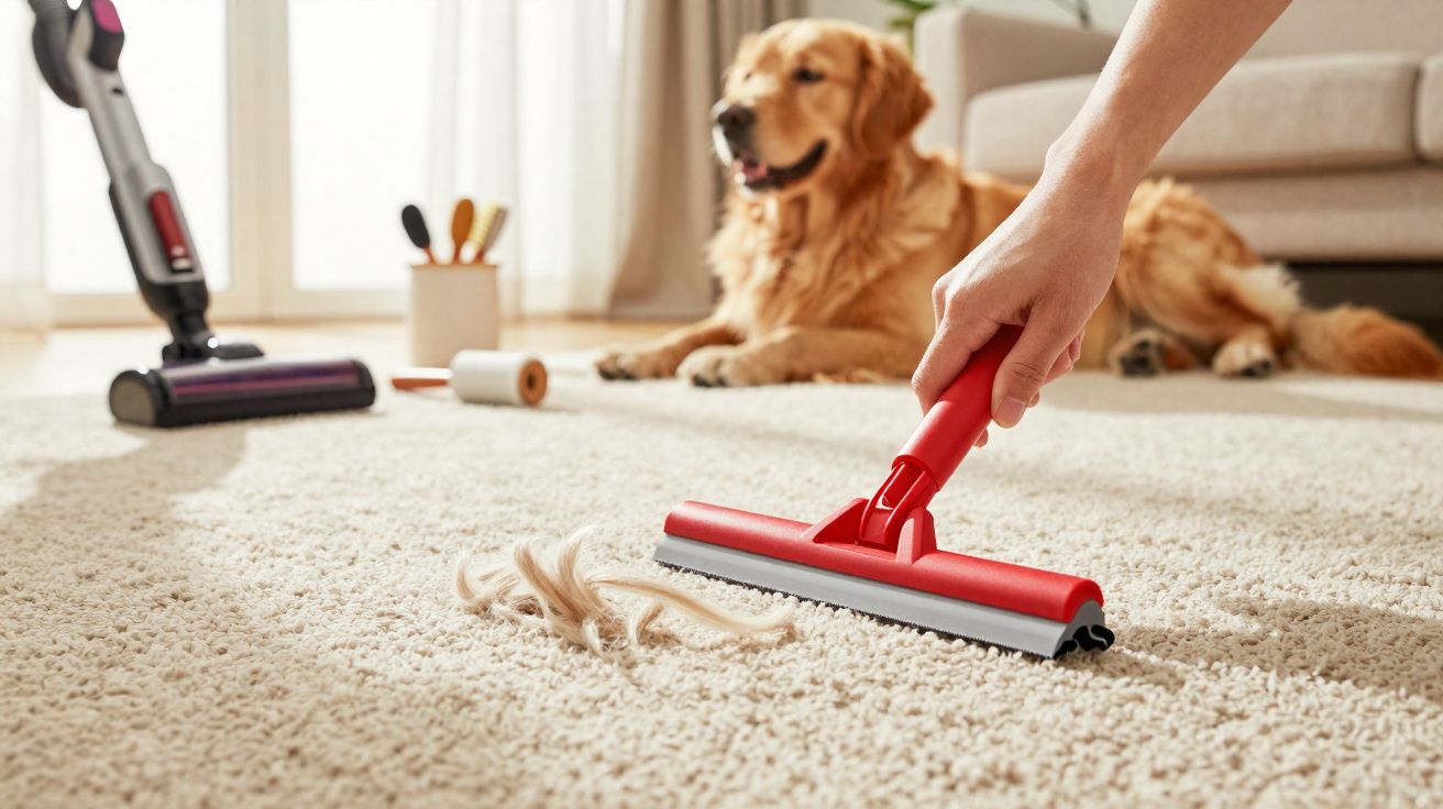 Main tenant un outil rouge pour retirer les poils de chien sur un tapis beige, un chien doré est allongé en arrière-plan.