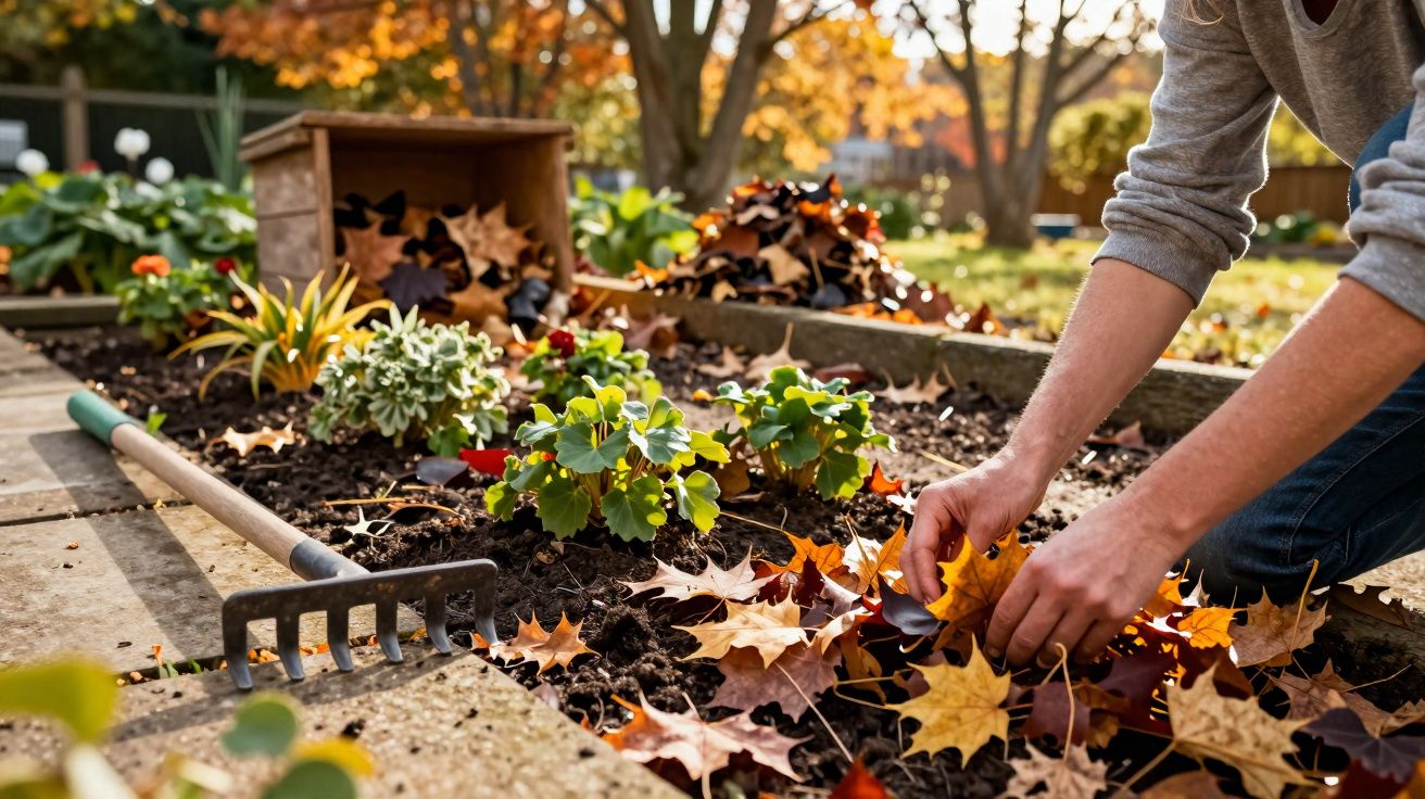 Personne ramassant des feuilles mortes dans un jardin en automne avec un petit râteau à côté.