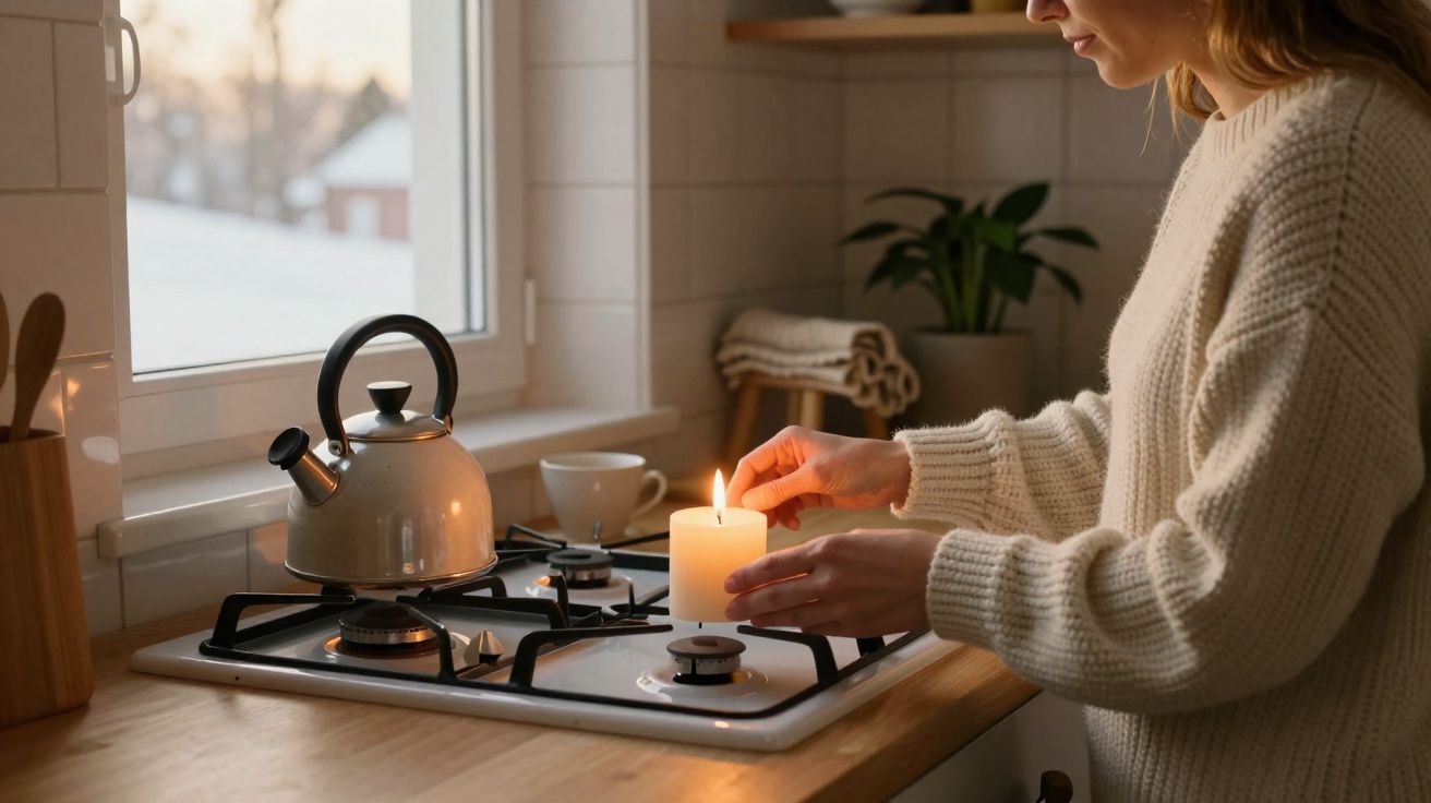 Femme allumant une bougie sur une cuisinière à gaz dans une cuisine chaleureuse au coucher du soleil.