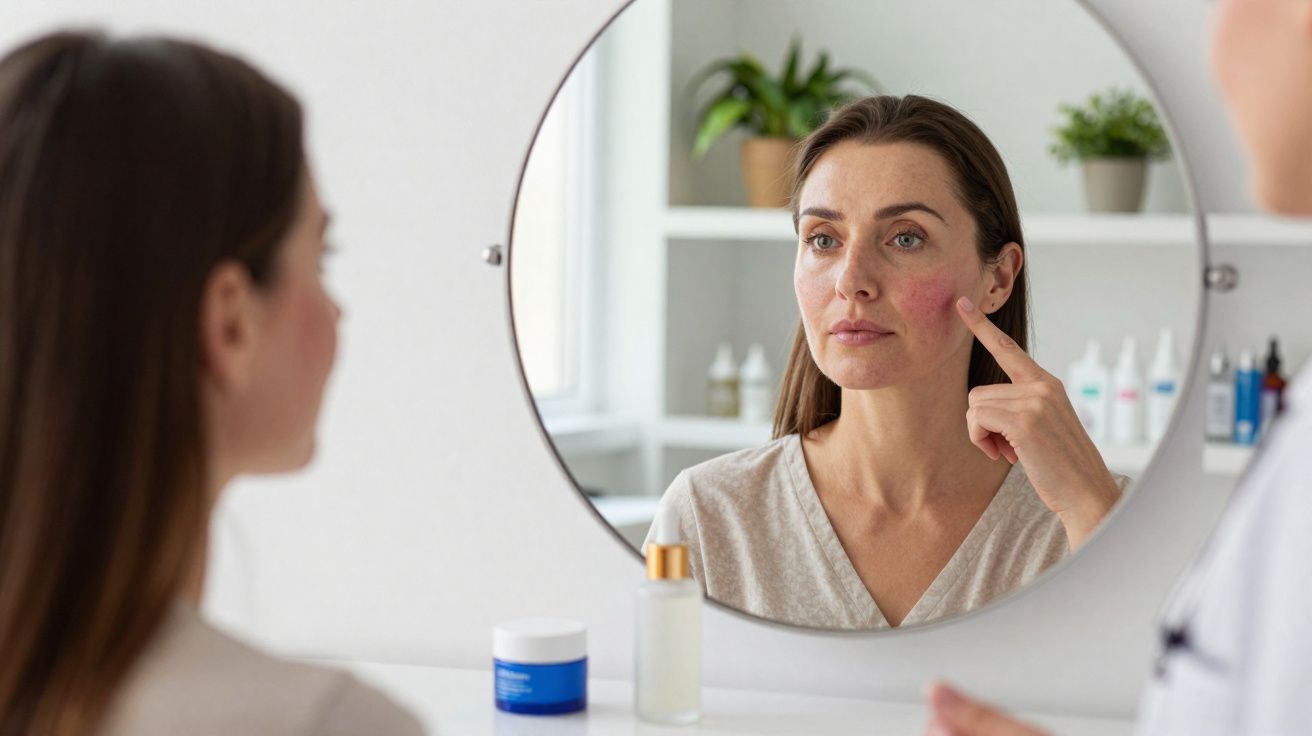 Femme regardant son visage rouge autour de la joue dans un miroir, en consultation dermatologique.