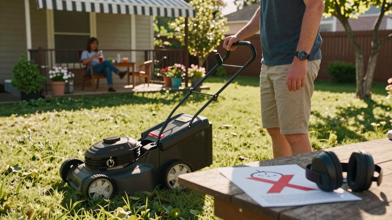 Homme avec tondeuse à gazon sur pelouse ensoleillée, femme assise sur une terrasse en arrière-plan.