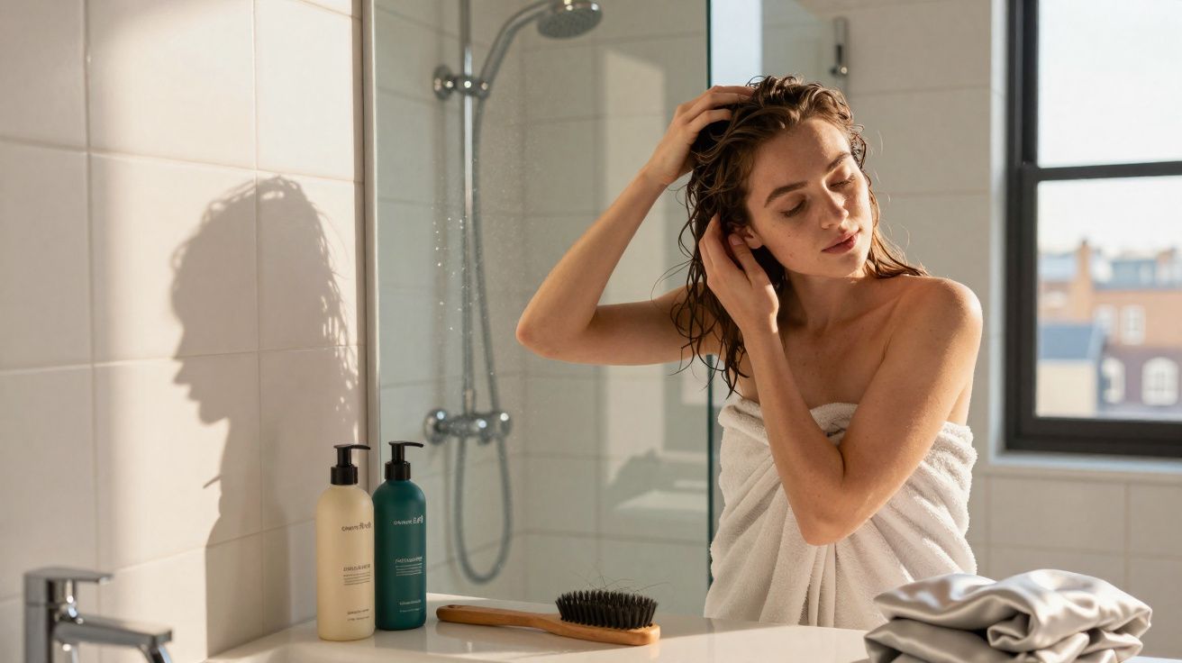 Femme enveloppée dans une serviette se coiffant après la douche dans une salle de bain lumineuse.