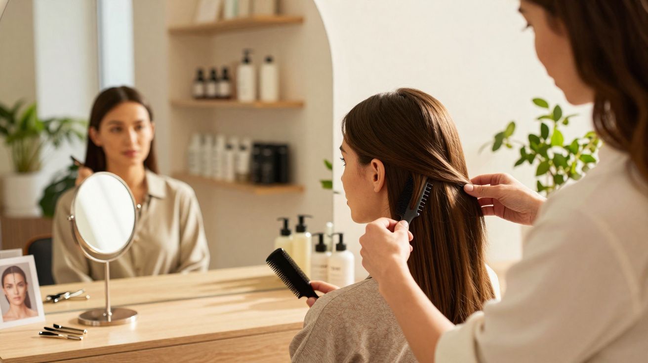 Une coiffeuse peigne les cheveux d'une cliente assise devant un miroir dans un salon de beauté moderne.